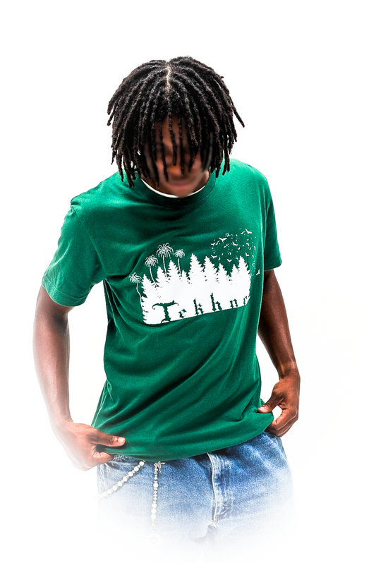 Person wearing a green t-shirt with a white graphic design on a white background