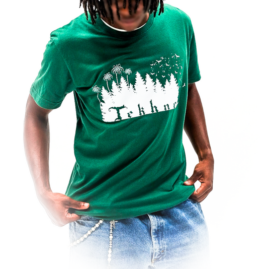 Person wearing a green t-shirt with a white graphic design on a white background