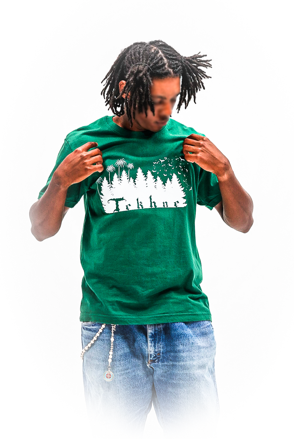 Person wearing a green t-shirt with a white graphic design on a white background