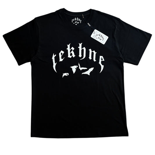 Black t-shirt with white text and graphics on a white background