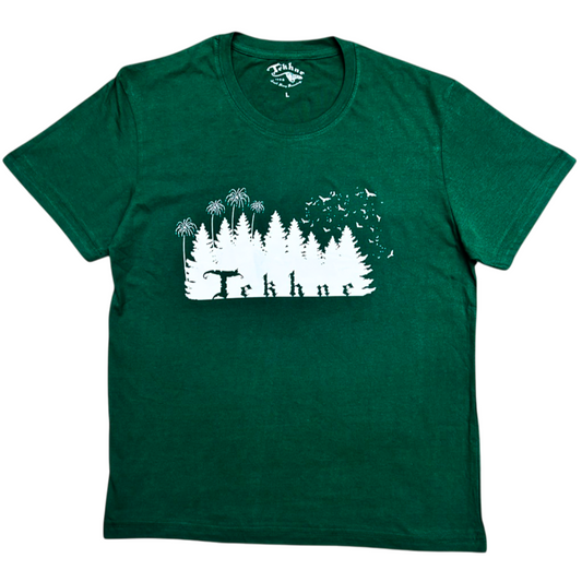 Green t-shirt with a white graphic design on a white background